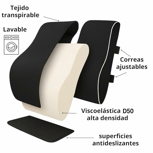 Cojín lumbar con tejido transpirable, viscoelástica de alta densidad y correas ajustables.