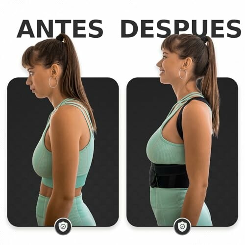 Mujer mostrando corrección de postura antes y después.
